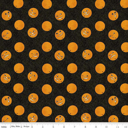 Image of the Costume Maker's Act II Jack-O-Lantern Balloons Black quilting cotton fabric. Features cats on an black background. Cute Little Fabric Shop