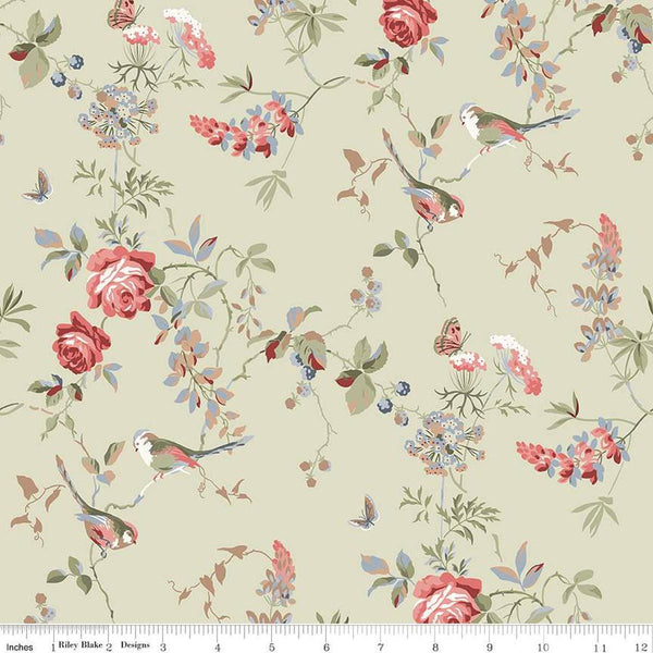 SALE Anne of Green Gables Floral C16121 Sage - Riley Blake Designs - Flowers Leaves Birds - Quilting Cotton Fabric - Licensed Product