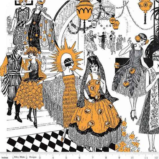 Image of the Costume Maker's Act II Costume Collage White  quilting cotton fabric. Features cats on an white background. Cute Little Fabric Shop