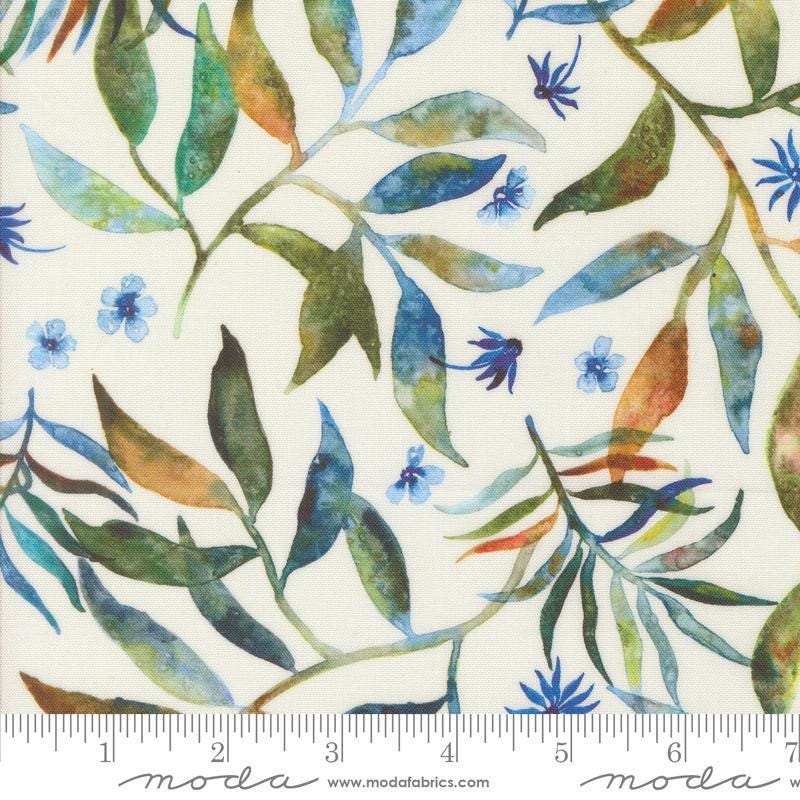 Image of the Wanderlust Fronds Cloud quilting cotton fabric. Features leaves on a white background. Cute Little Fabric Shop