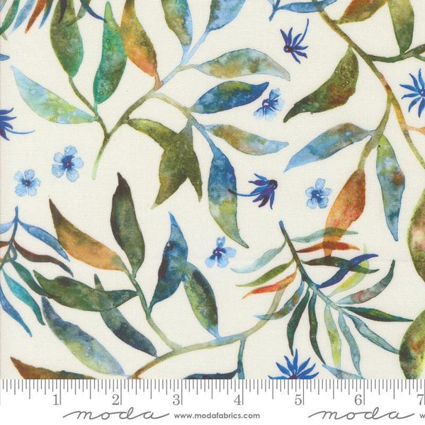 Image of the Wanderlust Fronds Cloud quilting cotton fabric. Features leaves on a white background. Cute Little Fabric Shop