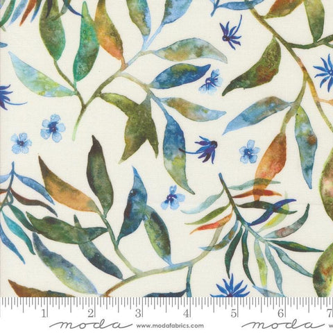 Image of the Wanderlust Fronds Cloud quilting cotton fabric. Features leaves on a white background. Cute Little Fabric Shop