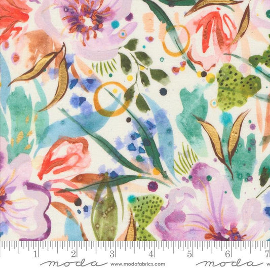 Image of the Wanderlust Floret Cloud quilting cotton fabric. Features flowers on a white background. Cute Little Fabric Shop
