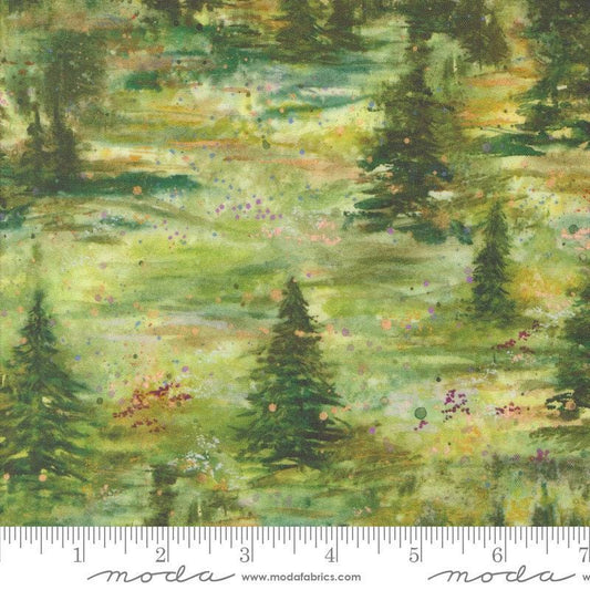 Image of the Wanderlust Backwoods Forest quilting cotton fabric. Features trees on a green background. Cute Little Fabric Shop