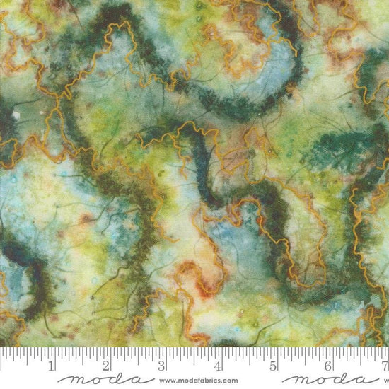 Image of the Wanderlust Geode Jadeite quilting cotton fabric. Features paint on a green background. Cute Little Fabric Shop