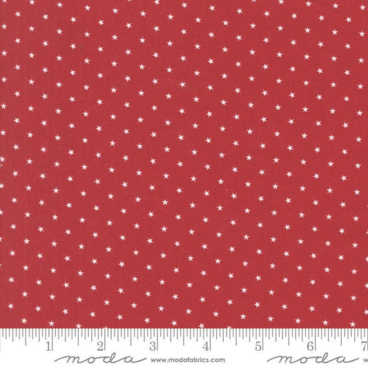 Image of the Star Spangled Twinkle Rocket quilting cotton fabric by Moda Fabrics. Features stars on a red background. Cute Little Fabric Shop