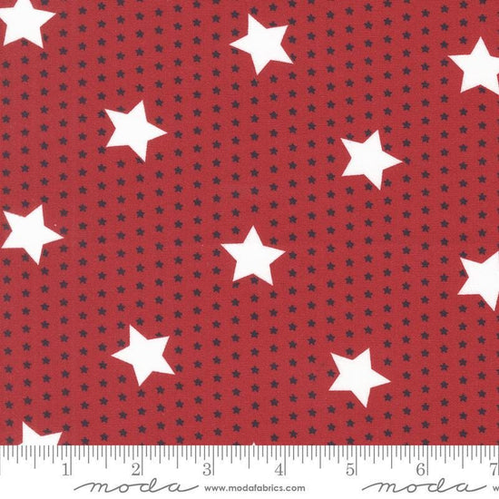 Image of the Star Spangled Stars Rocket quilting cotton fabric by Moda Fabrics. Features stars on a red background. Cute Little Fabric Shop