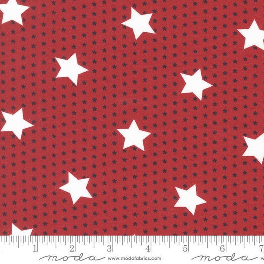 Image of the Star Spangled Stars Rocket quilting cotton fabric by Moda Fabrics. Features stars on a red background. Cute Little Fabric Shop