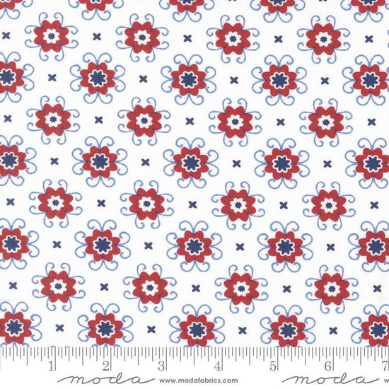 Image of the Star Spangled Bandana Patriotic quilting cotton fabric by Moda Fabrics. Features flowers on a white background. Cute Little Fabric Shop