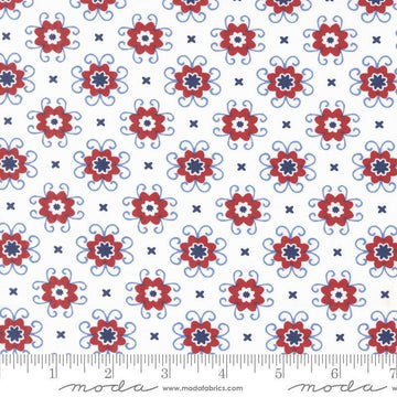Image of the Star Spangled Bandana Patriotic quilting cotton fabric by Moda Fabrics. Features flowers on a white background. Cute Little Fabric Shop