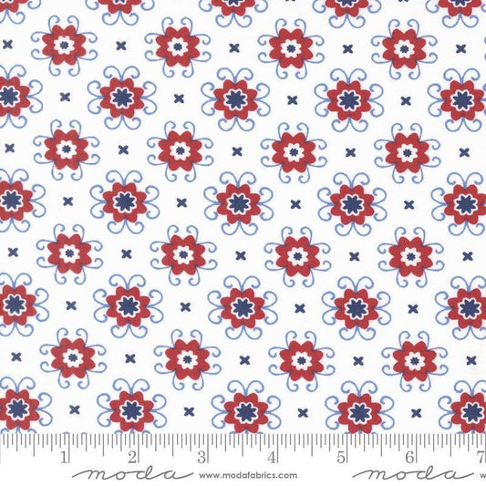 Image of the Star Spangled Bandana Patriotic quilting cotton fabric by Moda Fabrics. Features flowers on a white background. Cute Little Fabric Shop