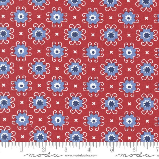 Image of the Star Spangled Bandana Rocket quilting cotton fabric by Moda Fabrics. Features flowers on a red background. Cute Little Fabric Shop