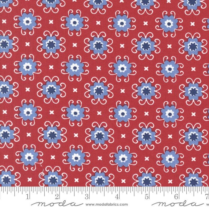 Image of the Star Spangled Bandana Rocket quilting cotton fabric by Moda Fabrics. Features flowers on a red background. Cute Little Fabric Shop