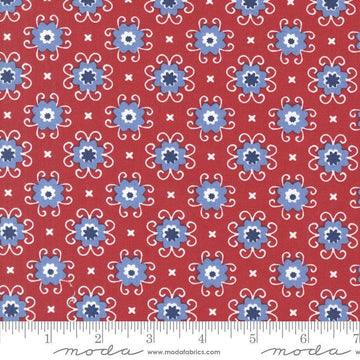 Image of the Star Spangled Bandana Rocket quilting cotton fabric by Moda Fabrics. Features flowers on a red background. Cute Little Fabric Shop