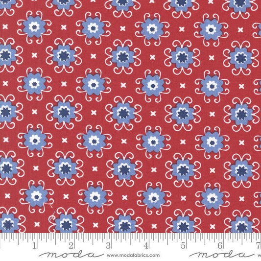 Image of the Star Spangled Bandana Rocket quilting cotton fabric by Moda Fabrics. Features flowers on a red background. Cute Little Fabric Shop