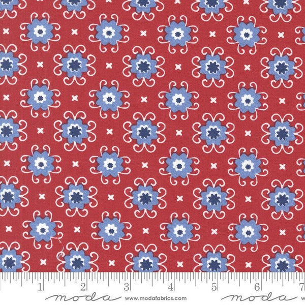 Image of the Star Spangled Bandana Rocket quilting cotton fabric by Moda Fabrics. Features flowers on a red background. Cute Little Fabric Shop