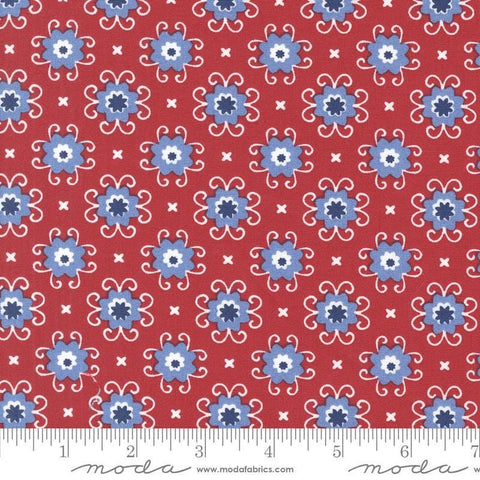 Image of the Star Spangled Bandana Rocket quilting cotton fabric by Moda Fabrics. Features flowers on a red background. Cute Little Fabric Shop