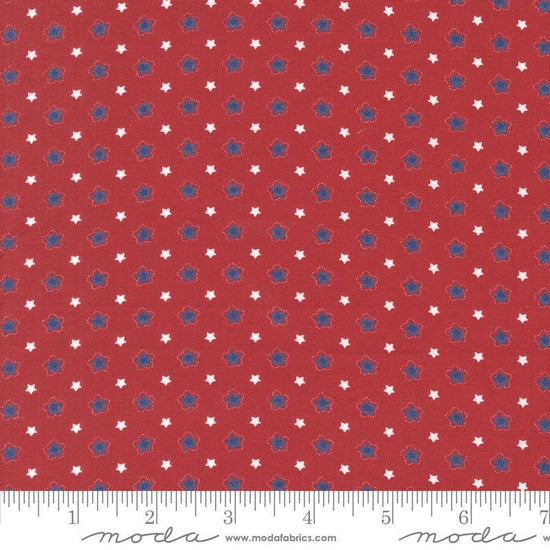 Image of the Star Spangled Folk Rocket quilting cotton fabric by Moda Fabrics. Features stars on a red background. Cute Little Fabric Shop