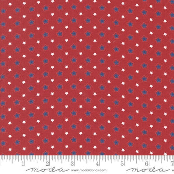 Image of the Star Spangled Folk Rocket quilting cotton fabric by Moda Fabrics. Features stars on a red background. Cute Little Fabric Shop