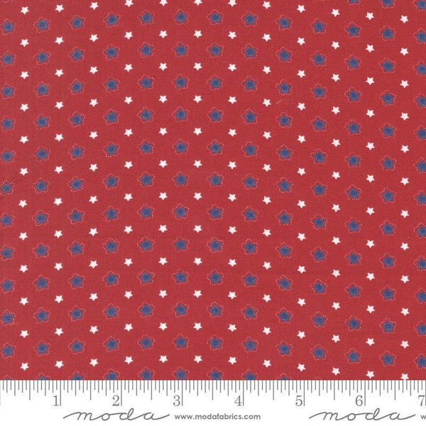 Image of the Star Spangled Folk Rocket quilting cotton fabric by Moda Fabrics. Features stars on a red background. Cute Little Fabric Shop
