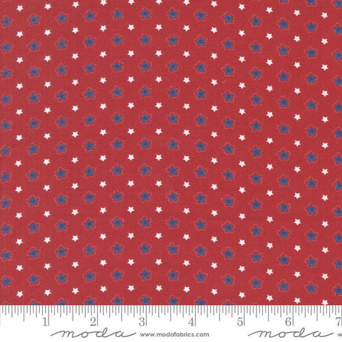 Image of the Star Spangled Folk Rocket quilting cotton fabric by Moda Fabrics. Features stars on a red background. Cute Little Fabric Shop