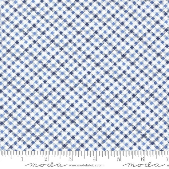 Image of the Star Spangled Checks Dawn quilting cotton fabric by Moda Fabrics. Features gingham on a blue background. Cute Little Fabric Shop