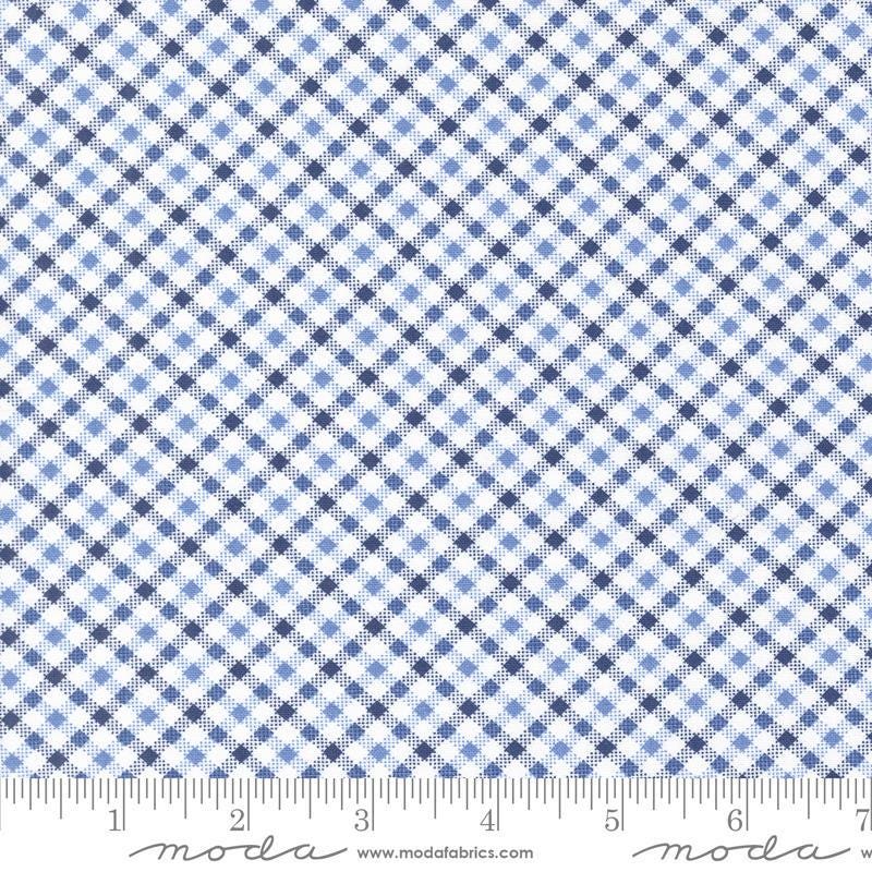 Image of the Star Spangled Checks Dawn quilting cotton fabric by Moda Fabrics. Features gingham on a blue background. Cute Little Fabric Shop