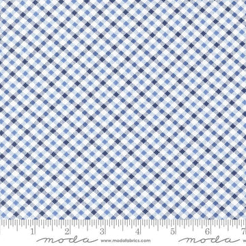 Image of the Star Spangled Checks Dawn quilting cotton fabric by Moda Fabrics. Features gingham on a blue background. Cute Little Fabric Shop