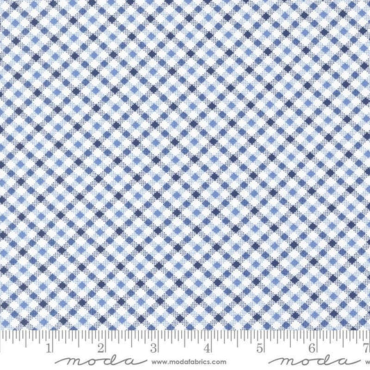 Image of the Star Spangled Checks Dawn quilting cotton fabric by Moda Fabrics. Features gingham on a blue background. Cute Little Fabric Shop