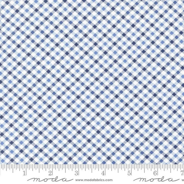 Image of the Star Spangled Checks Dawn quilting cotton fabric by Moda Fabrics. Features gingham on a blue background. Cute Little Fabric Shop