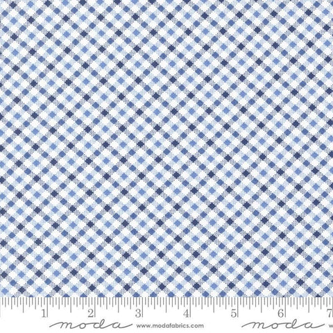 Image of the Star Spangled Checks Dawn quilting cotton fabric by Moda Fabrics. Features gingham on a blue background. Cute Little Fabric Shop