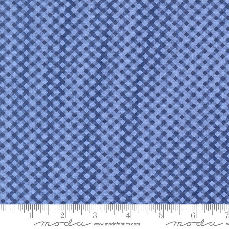 Image of the Star Spangled Checks Shining Sea quilting cotton fabric by Moda Fabrics. Features gingham on a blue background. Cute Little Fabric Shop