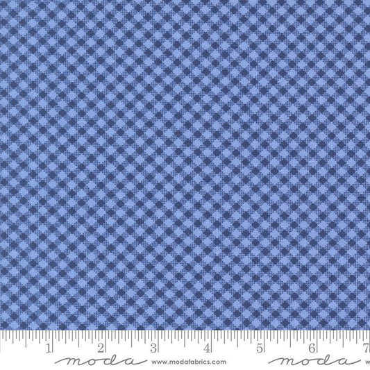 Image of the Star Spangled Checks Shining Sea quilting cotton fabric by Moda Fabrics. Features gingham on a blue background. Cute Little Fabric Shop