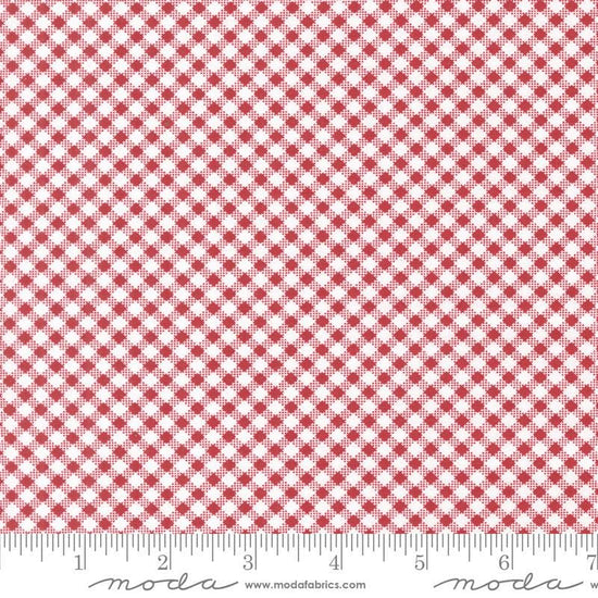 Image of the Star Spangled Checks Rocket quilting cotton fabric by Moda Fabrics. Features gingham on a red background. Cute Little Fabric Shop