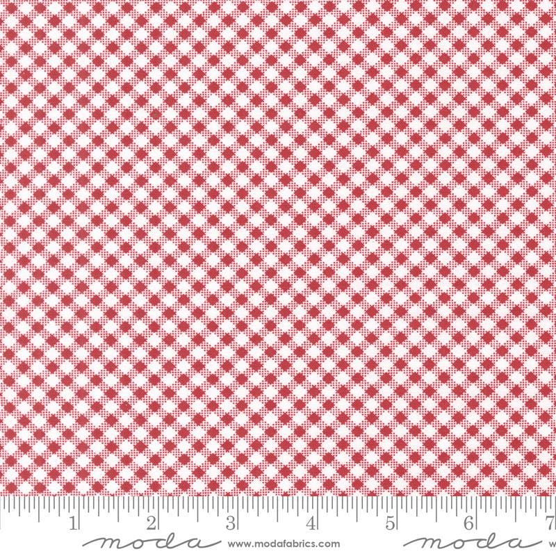 Image of the Star Spangled Checks Rocket quilting cotton fabric by Moda Fabrics. Features gingham on a red background. Cute Little Fabric Shop
