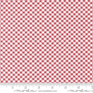 Image of the Star Spangled Checks Rocket quilting cotton fabric by Moda Fabrics. Features gingham on a red background. Cute Little Fabric Shop