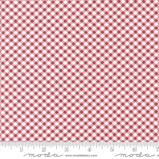 Image of the Star Spangled Checks Rocket quilting cotton fabric by Moda Fabrics. Features gingham on a red background. Cute Little Fabric Shop