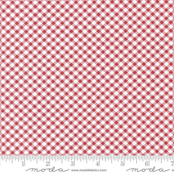 Image of the Star Spangled Checks Rocket quilting cotton fabric by Moda Fabrics. Features gingham on a red background. Cute Little Fabric Shop