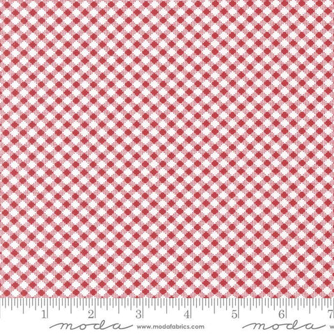 Image of the Star Spangled Checks Rocket quilting cotton fabric by Moda Fabrics. Features gingham on a red background. Cute Little Fabric Shop
