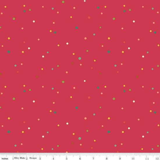 Image of the Autumn Afternoon Hexi Dots Berry quilting cotton fabric by Heather Peterson for Riley Blake Designs. Features multicolored hexagon polka dots on a dark pink berry background. 
Cute Little Fabric Shop