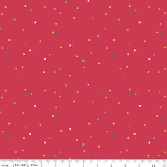 Image of the Autumn Afternoon Hexi Dots Berry quilting cotton fabric by Heather Peterson for Riley Blake Designs. Features multicolored hexagon polka dots on a dark pink berry background. 
Cute Little Fabric Shop