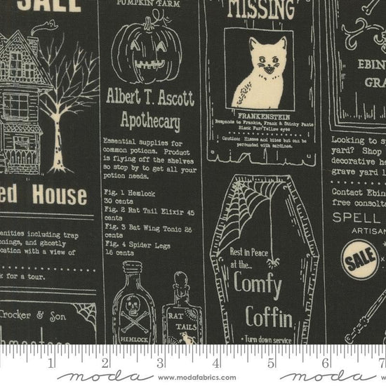Image of the Home Sweet Haunt Newspaper Midnight quilting cotton fabric by Moda Fabrics. Features text on a black background. Cute Little Fabric Shop