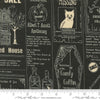 Image of the Home Sweet Haunt Newspaper Midnight quilting cotton fabric by Moda Fabrics. Features text on a black background. Cute Little Fabric Shop