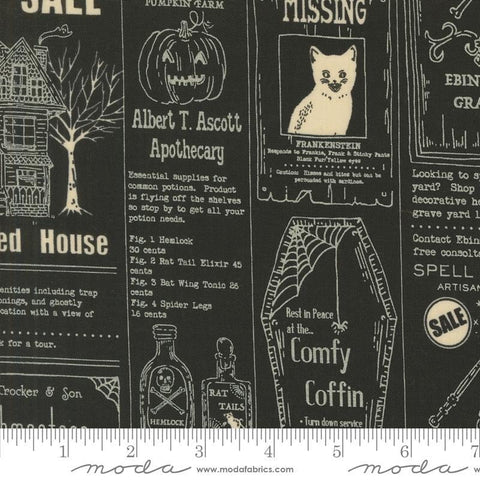 Image of the Home Sweet Haunt Newspaper Midnight quilting cotton fabric by Moda Fabrics. Features text on a black background. Cute Little Fabric Shop