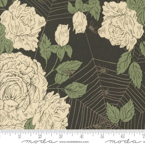 Image of the Home Sweet Haunt Roses Charcoal quilting cotton fabric by Moda Fabrics. Features flowers on a black background. Cute Little Fabric Shop