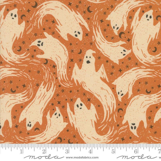 Image of the Home Sweet Haunt Ghost Pumpkin quilting cotton fabric by Moda Fabrics. Features ghosts on an orange background. Cute Little Fabric Shop