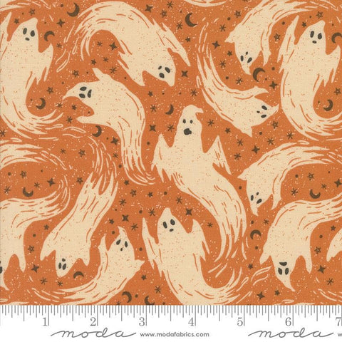 Image of the Home Sweet Haunt Ghost Pumpkin quilting cotton fabric by Moda Fabrics. Features ghosts on an orange background. Cute Little Fabric Shop