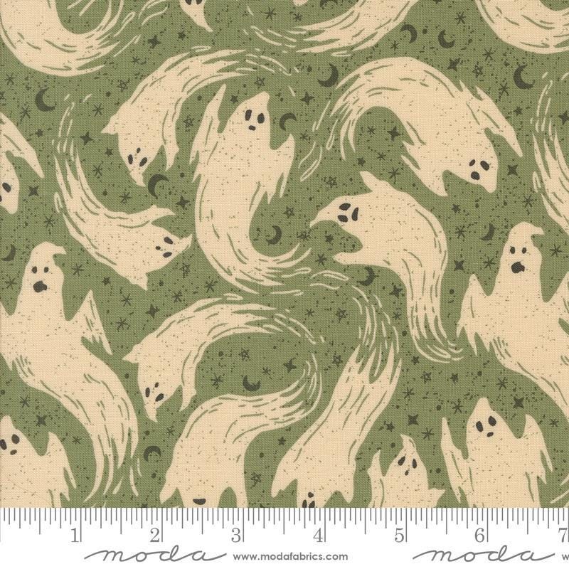 Image of the Home Sweet Haunt Ghost Moss quilting cotton fabric by Moda Fabrics. Features ghosts on a green background. Cute Little Fabric Shop
