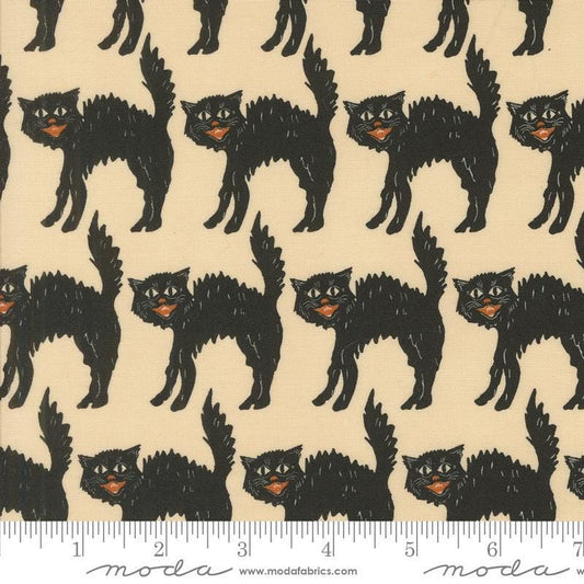 Image of the Home Sweet Haunt Black Cat Bone quilting cotton fabric by Moda Fabrics. Features scats on a green background. Cute Little Fabric Shop