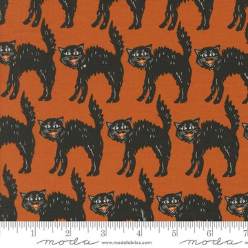 Image of the Home Sweet Haunt Black Cat Rust quilting cotton fabric by Moda Fabrics. Features scats on an orange background. Cute Little Fabric Shop